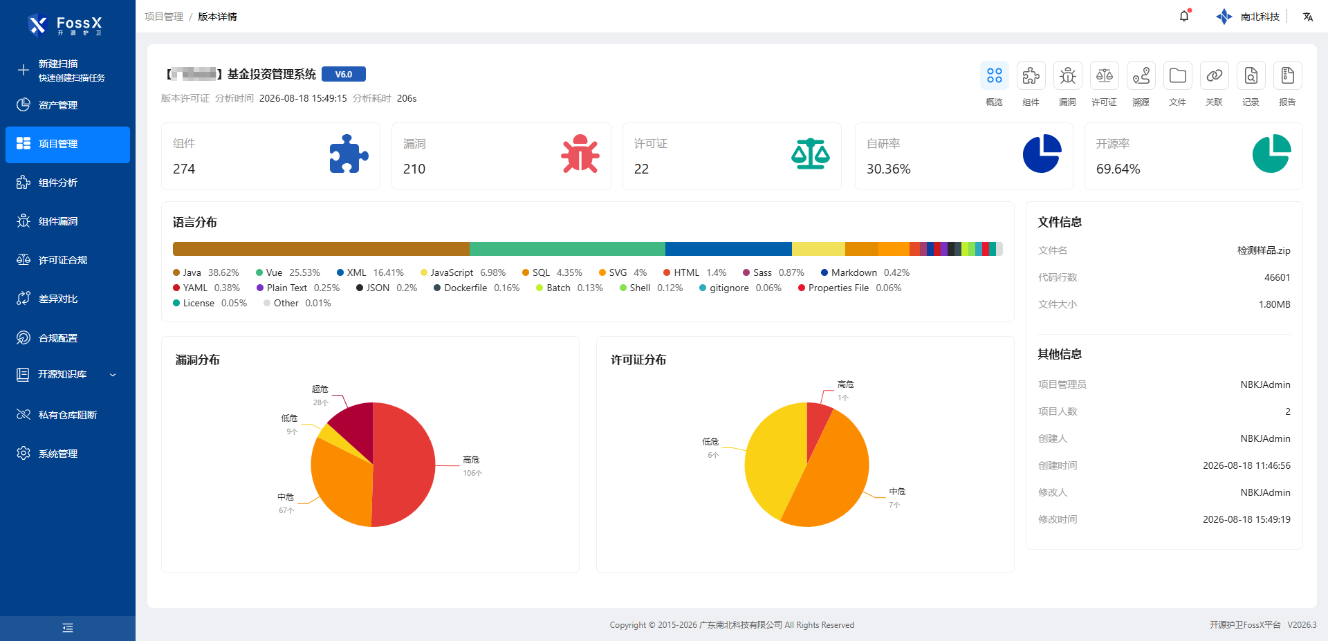 FossX 信创软件成分分析平台界面